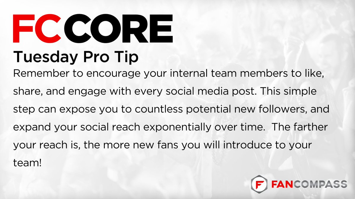FanCompass's tweet photo. To expand your social media reach, be sure to encourage internal team members to interact with each post.
#FanCompass #tuesdaytips #1stpartydata https://t.co/unxyyeyOqh