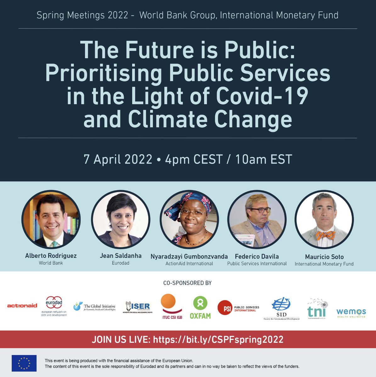 📢Don't miss this event on <a href="/WorldBank/">WorldBank</a> &amp; <a href="/IMFNews/">IMF</a> influence on *public services* financing + policy &amp; needed change in face of #COVID19 &amp; climate crises Thursday @ 10am DC w Alberto Rodriguez, <a href="/jeantheoptimist/">JeanLetitia Saldanha</a>, <a href="/vanyaradzayi/">Nyaradzayi Gumbonzvanda</a>, Federico Davila &amp; Mauricio Soto worldbank.org/en/events/2022…
