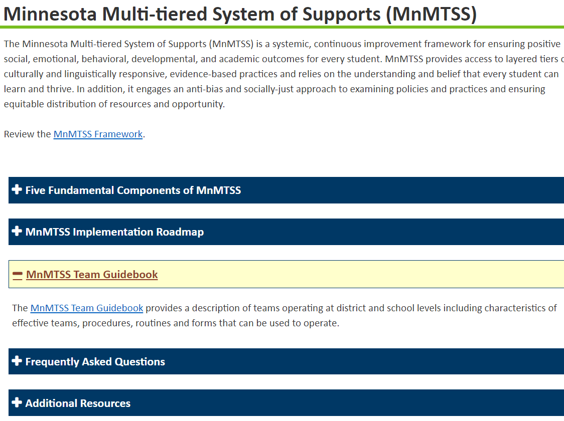 "MTSS is a 'team sport.' Successful implementation of MnMTSS requires well-functioning teaming across and within the school district, school and intra-school levels."

The MnMTSS Team Guidebook is now available on <a href="/MnDeptEd/">Minnesota Department of Education</a>'s MnMTSS page!
education.mn.gov/mde/dse/mtss/