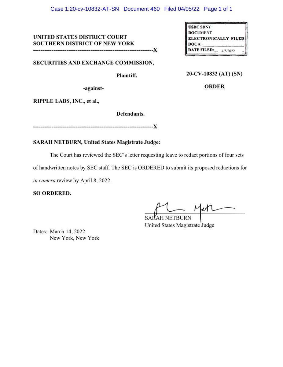 FilanLaw's tweet photo. #XRPCommunity #SECGov v #Ripple #XRP Magistrate Judge Netburn has ordered the SEC to submit its proposed redactions to the Court for in camera review no later than April 8, 2022. https://t.co/Zhg0Sq1m1K