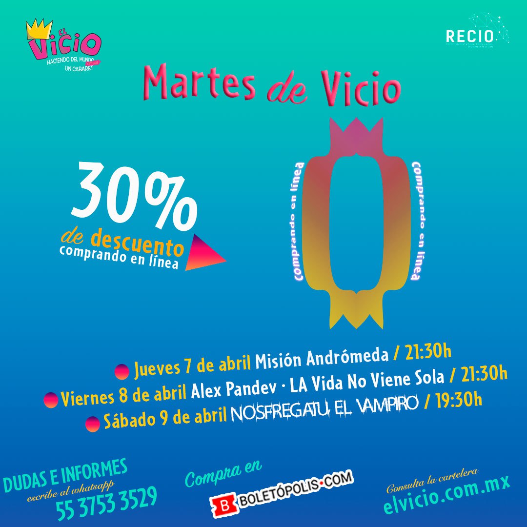 elvicioteatro's tweet photo. Hoy es un gran día para el amante del cabaret: Es #MartesDeVicio y puedes aprovechar el 30% de descuento en la entrada general (presencial) para todas nuestras funciones de esta semana. Compra ya tus boletos y ayuda a #QueVivaElVicio 🥂
Boletos aquí 👇
https://t.co/csfEL9bLQm https://t.co/5GCoKlpXWI