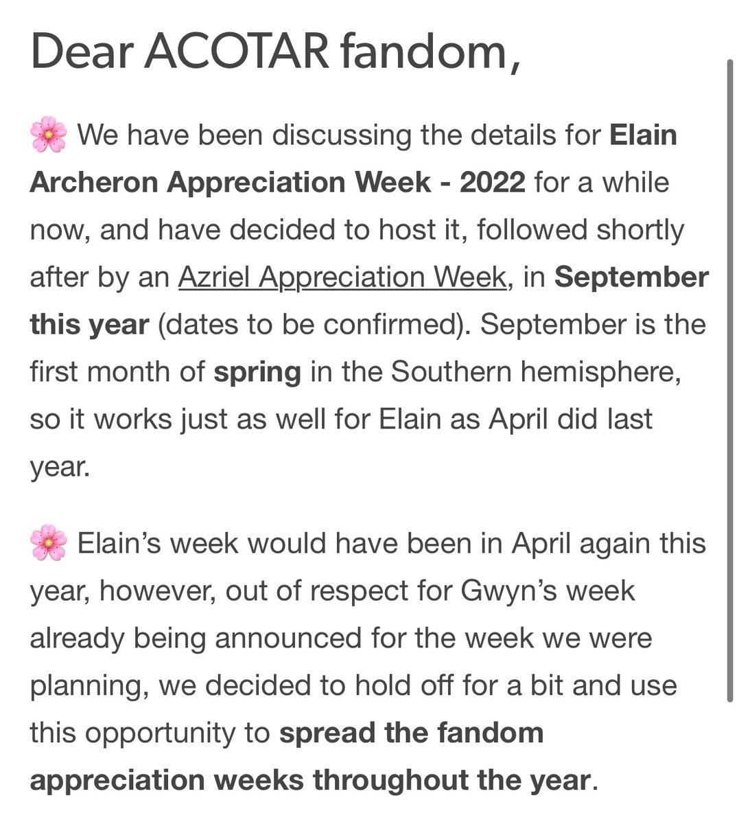 ElainWeek's tweet photo. An update regarding Elain Archeron Appreciation Week 2022 https://t.co/uanRpdUCfQ #elainarcheronweek2022 #elainarcheron https://t.co/eOTHLPw7Yr