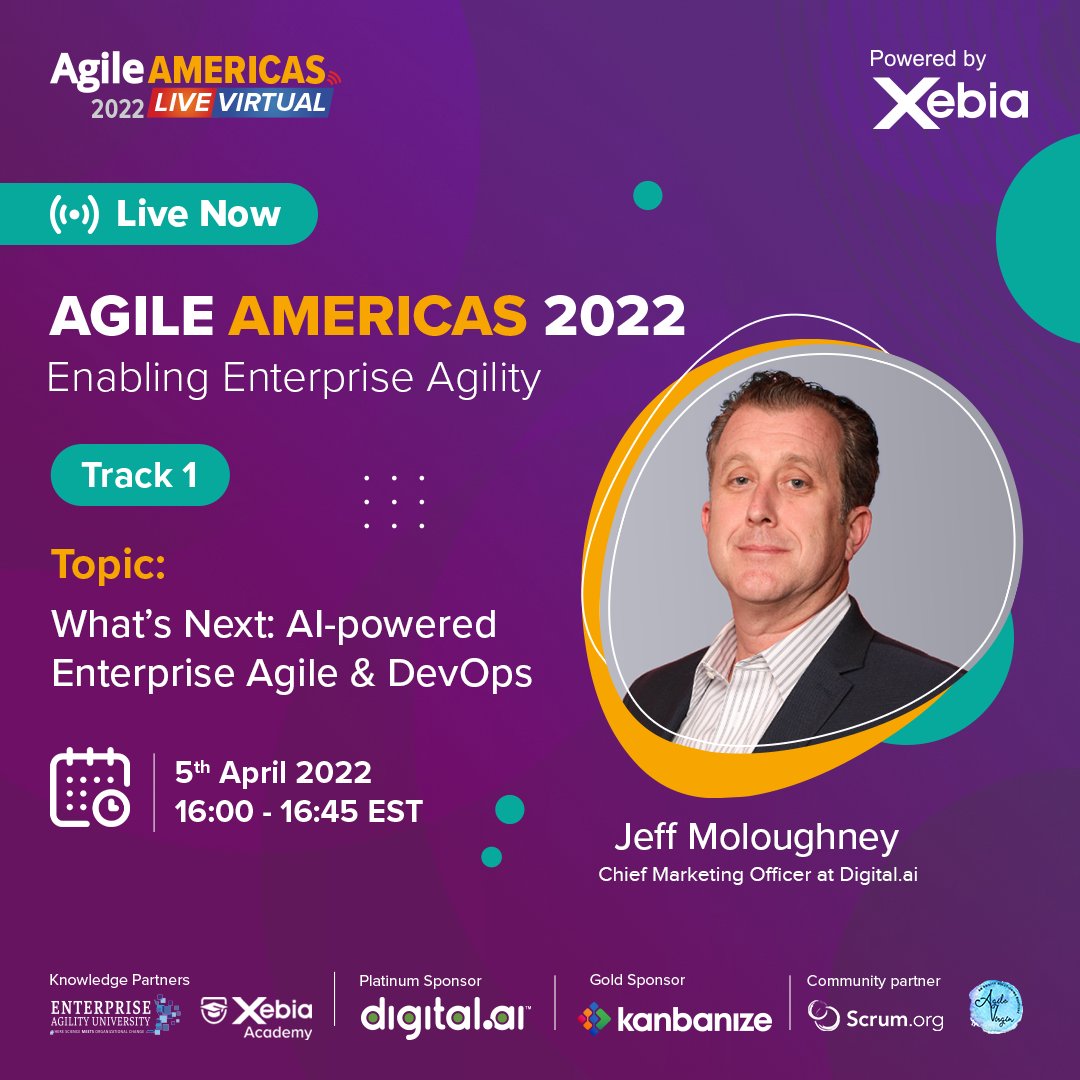 [AgileAmericas2022 | LIVE NOW] Jeff Moloughney will share his insights on "What's Next: AI-powered Enterprise Agile &amp; Dev-Ops". Join the engaging talk now.

Know More – agileamericas.org

#Agile #AgileAmericas2022 #Scrum #Agiletransformation