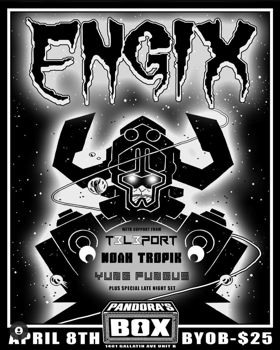 Experiment- 008

April 4, 2022

Eternal Drip and Imperial Arts present:

<a href="/EngixBass/">Engix</a> with T3l3PORT and Noah Tropik and Yung Fungus

At Pandora's Box in Nashville, TN