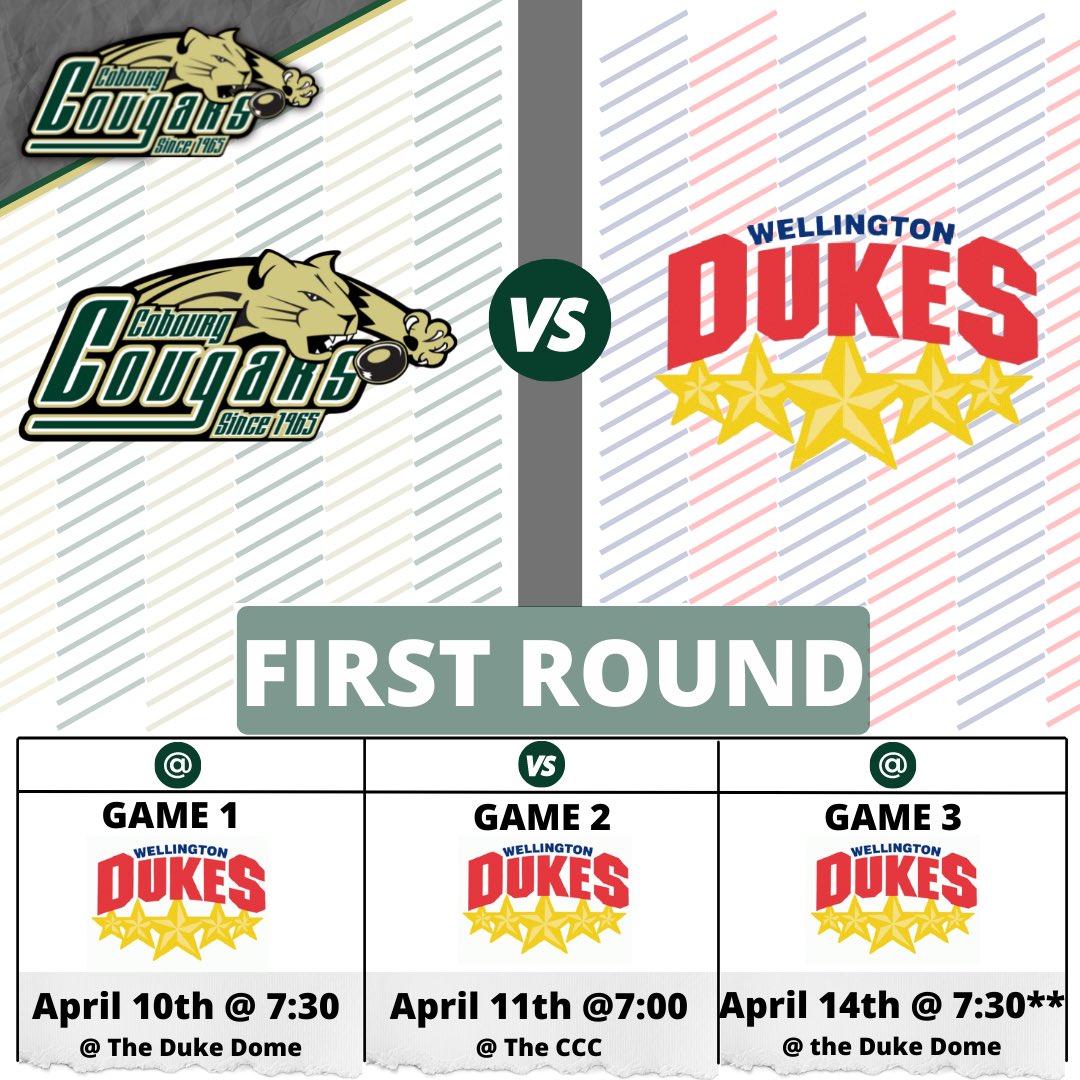 🚨PLAYOFFS - ROUND 1 #CONFIRMED 
We will be facing off against the <a href="/OJHLDukes/">Wellington Dukes</a> in the round 1️⃣ of playoffs starting THIS Sunday in Wellington at 7:30pm. 

Game 2️⃣ we will host at home in Cobourg at the <a href="/Cobourg_CCC/">Cobourg Community Centre (CCC)</a> on Monday, April 11th at 7pm.

Game 3️⃣ ** if Necessary 
#DotheROAR