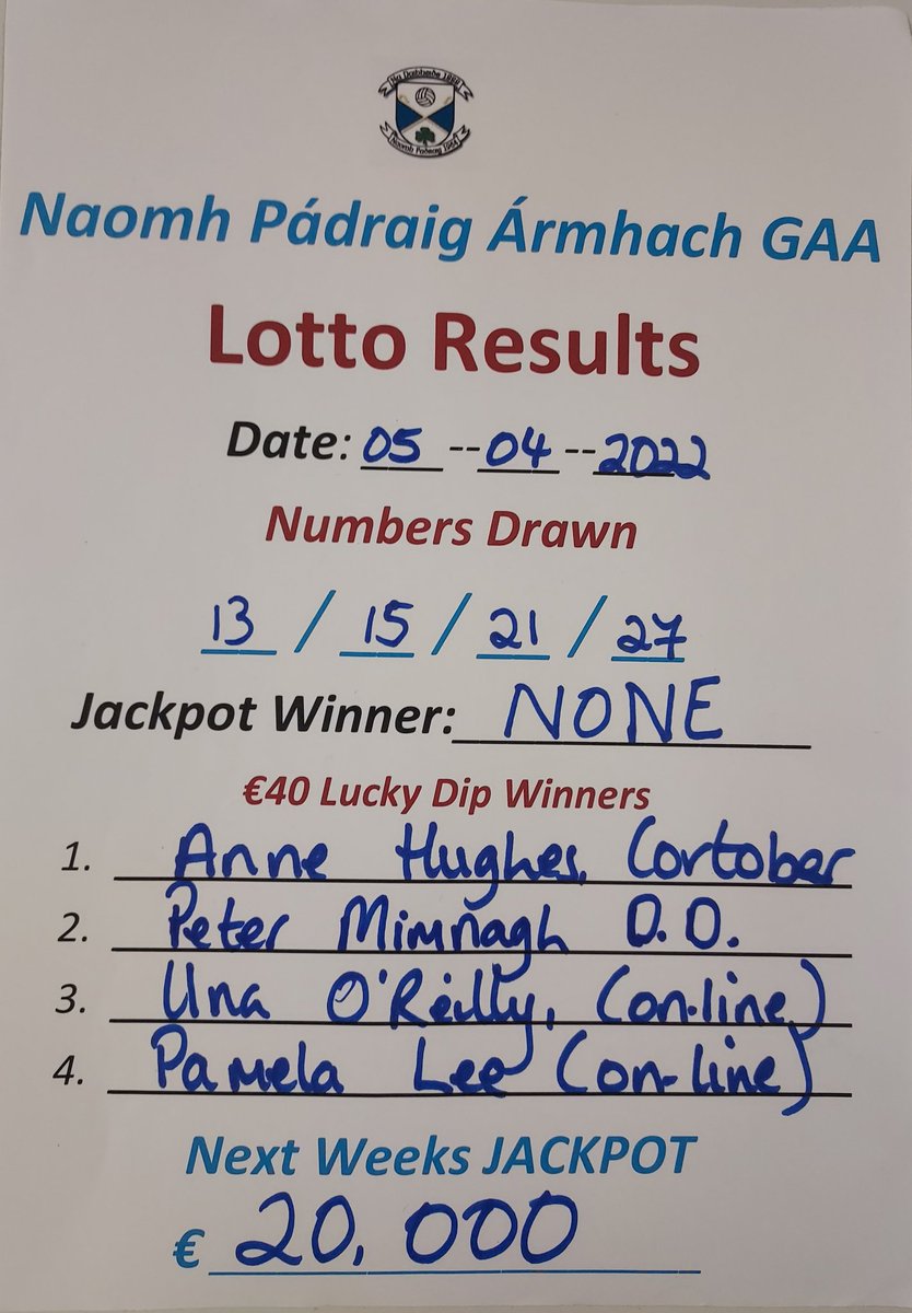 Results from our Lotto Draw which has just taken place.
No match 4 winner to claim our massive jackpot.
Congrats to our lucky dip winners.
Next Tuesday €20000 could be yours so dont miss the opportunity to win big🎉