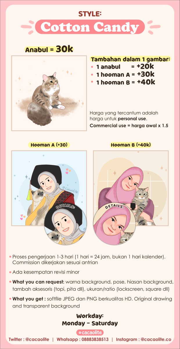 💫OPEN COMMISSION💫
ㅡ𝗦𝘁𝘆𝗹𝗲 : 𝗖𝗼𝘁𝘁𝗼𝗻 𝗖𝗮𝗻𝗱𝘆☁🍭

How to order?
Silahkan kirim foto dan form order ke DM atau WA (wa.me/+628883838513)

FORM ORDER
Nama : 
Style : Cotton Candy
Email : 
Request (optional) :

ㅡ𝘔𝘰𝘳𝘦 𝘦𝘹𝘢𝘮𝘱𝘭𝘦𝘴 𝘪𝘯 𝘵𝘩𝘦 𝘳𝘦𝘱𝘭𝘪𝘦𝘴