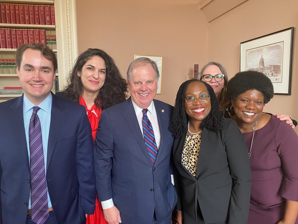 DougJones46's tweet photo. As my buddy the great Southern writer Rick Bragg would say “It’s all over but the shout’n.” This great team walked KBJ through visits with 97 Senators! She sat through 20+ hours of questioning and answered 1500 questions for the record.  Next up - CONFIRMATION!

#AJustice4All https://t.co/hivcyFIuX0