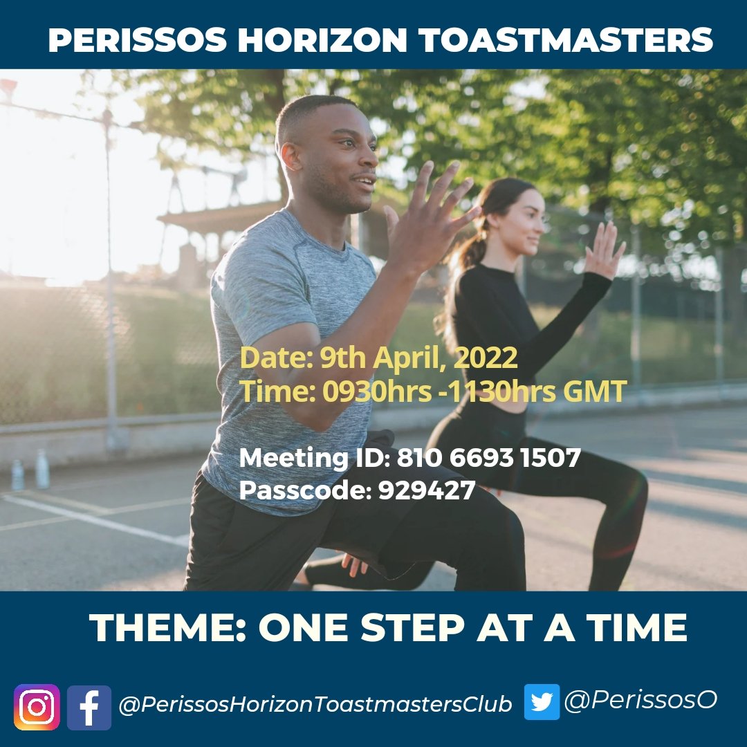 PerissosO's tweet photo. "It's the faith that makes you stronger. The only way you get there, is #onestepatatime."
- Jordin Sparks, 'One Step At A Time
If you keep your focus, you will make it
#PerissosHorizonToastmasters #PublicSpeaking #LeadershipDevelopmentCommunity #Toastmasters #WhereLeadersAreMade https://t.co/Fj4P1RDYN9