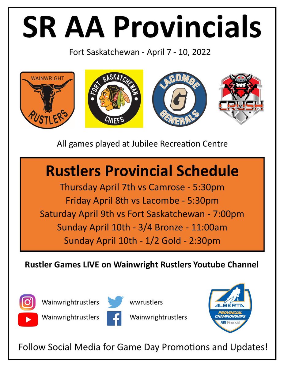 WWRustlers's tweet photo. The Rustlers are headed to @HockeyAlberta Sr AA Provincials Thursday! 

Rustlers Round Robbin Schedule  

Thursday vs Camrose - 5:30pm
Friday vs @LacombeAAHC - 5:30pm
Saturday vs @FtChiefsHockey - 7:00pm

Watch Rustler games live on our YouTube Channel! 

https://t.co/XxyQwKXTQe https://t.co/mxIabKVYNn