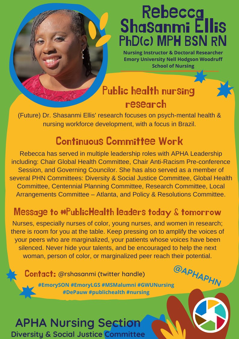 APHAPHN's tweet photo. Join us in celebrating the female leaders that make APHA Nursing section so special.
(Future) Dr. Shasanmi Ellis' research focuses on psych-mental health and nursing workforce development, with a focus in Brazil.
#EmorySON #EmoryLGS #MSMalumni
@rshasanmi @EmoryNursing https://t.co/mL8uhS4XG5