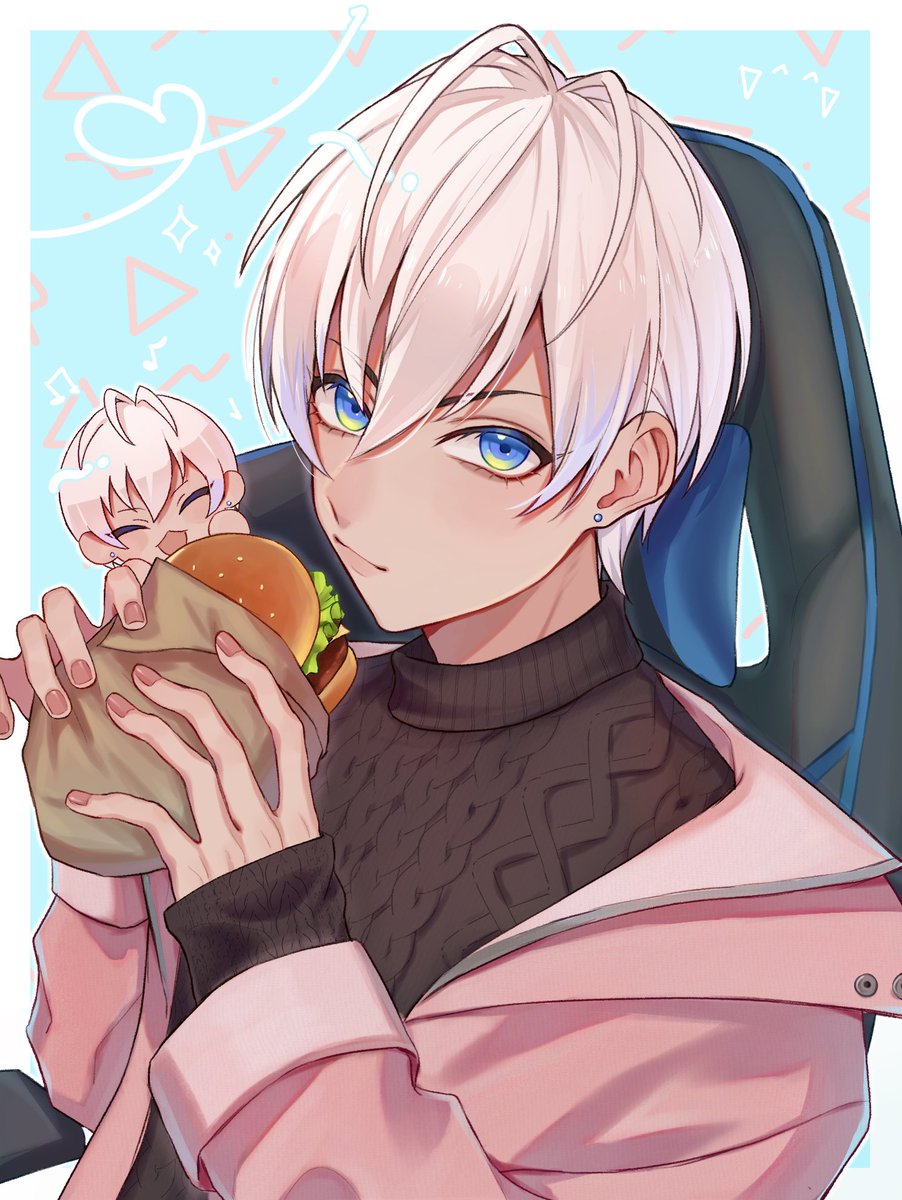 burger male focus food blue eyes holding food 1boy earrings  illustration images