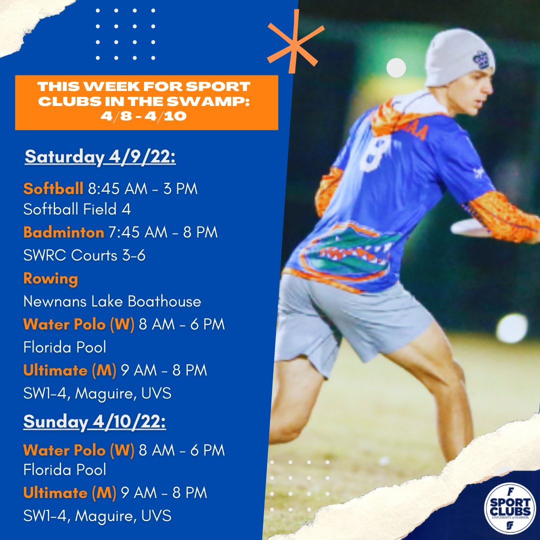 No better way to spend the weekend than to support our Sport Club teams as they compete in the swamp. Check out all the games we have this week! #LiveInMotion @UFRecSports