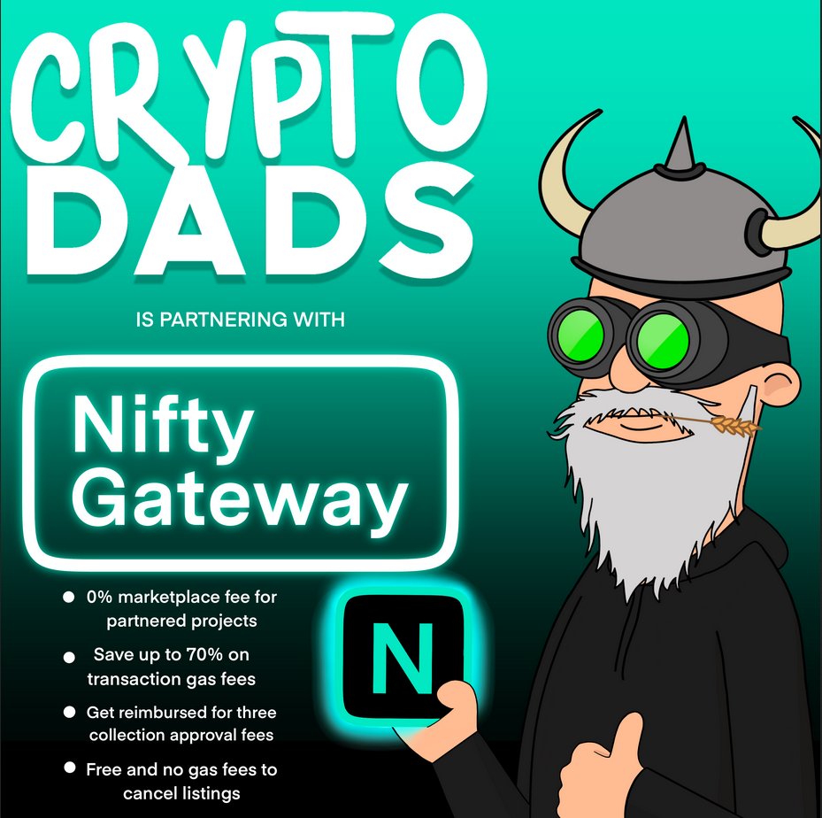 CryptoDadsNFT's tweet photo. Hey fam! We have some big news!🍻

We've officially partnered with @NiftyGateway for their new Wallet-to-Wallet feature coming out in a few hours! 

WTW Benefits:
- Save up to 70% on gas fees
- No gas fees to list/cancel listings 
- No marketplace fees for 30 days https://t.co/ciOIEVCo3k