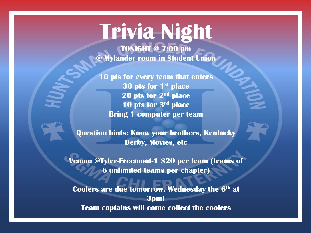More details about trivia night tonight! See you there!
