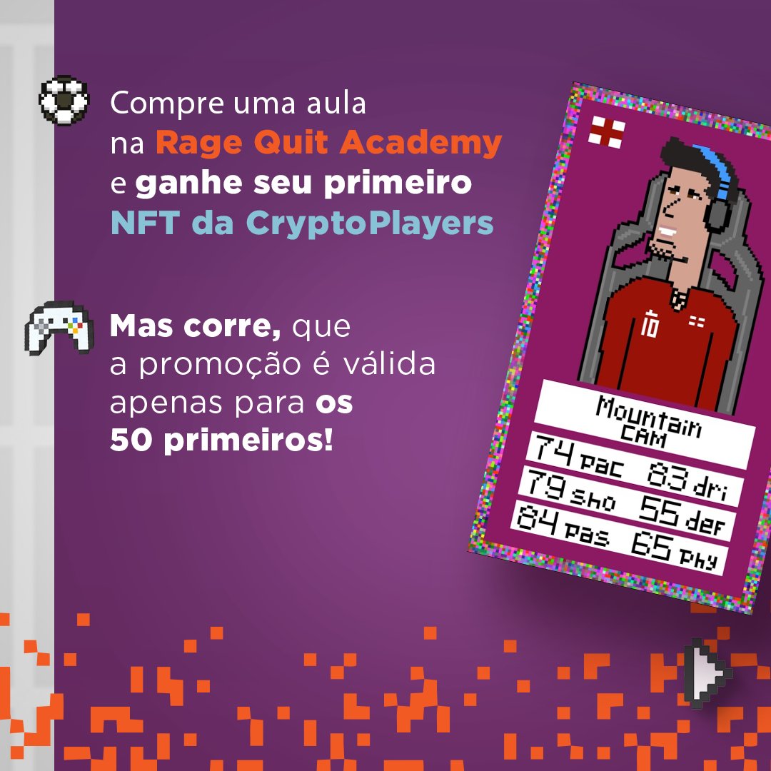 Rage Quit Academy on X: Na compra de uma aula com a Rage Quit Academy,  você ganha uma NFT de figurinha da Copa do Mundo do @CryptoPlayersBR. São  mais de 100 opções