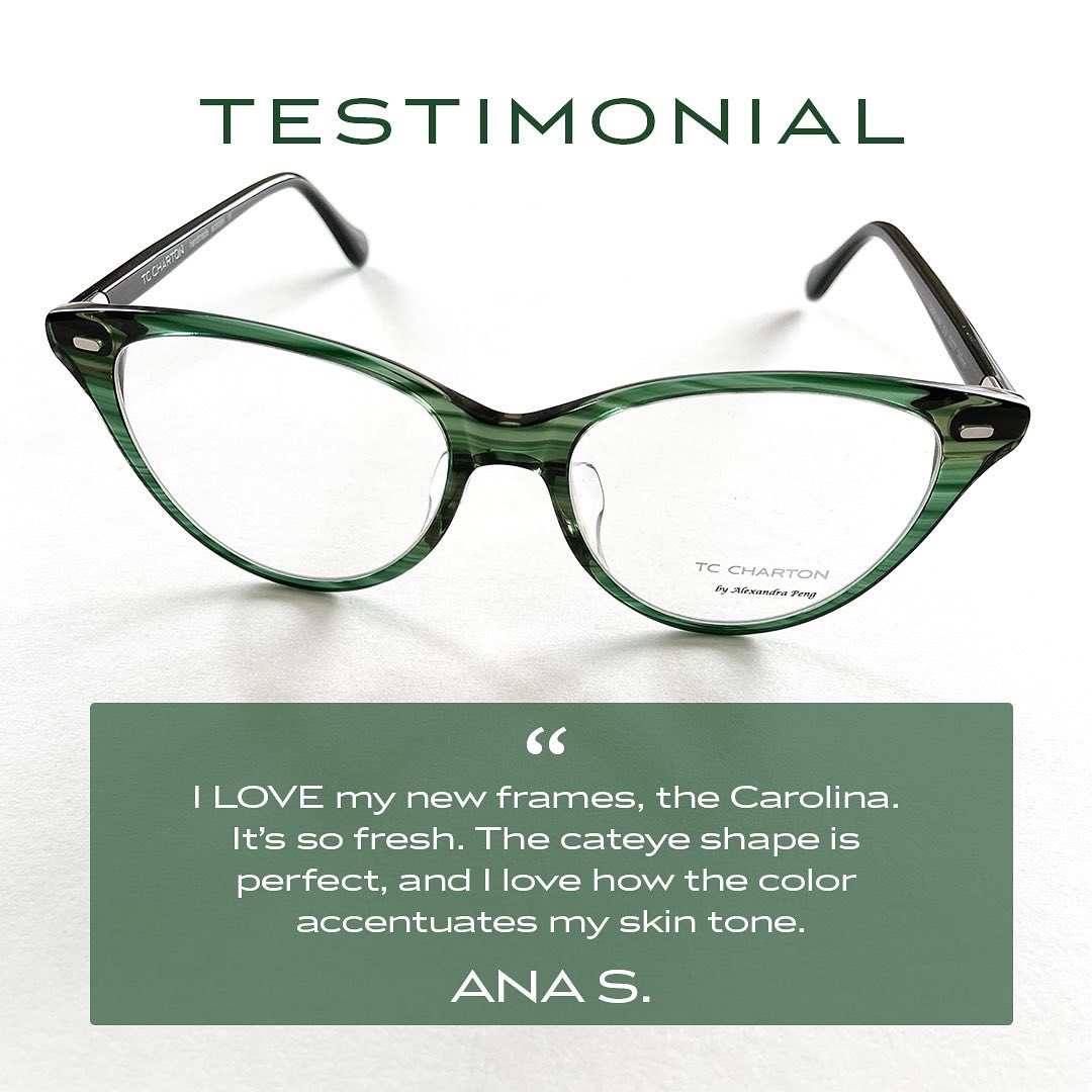 #TestimonialTuesday is our favorite day of the week! We love sharing the feedback we get and this #springcollection #cateye in forest green is turning heads. #eyewear #glassesgirl #Glasses
