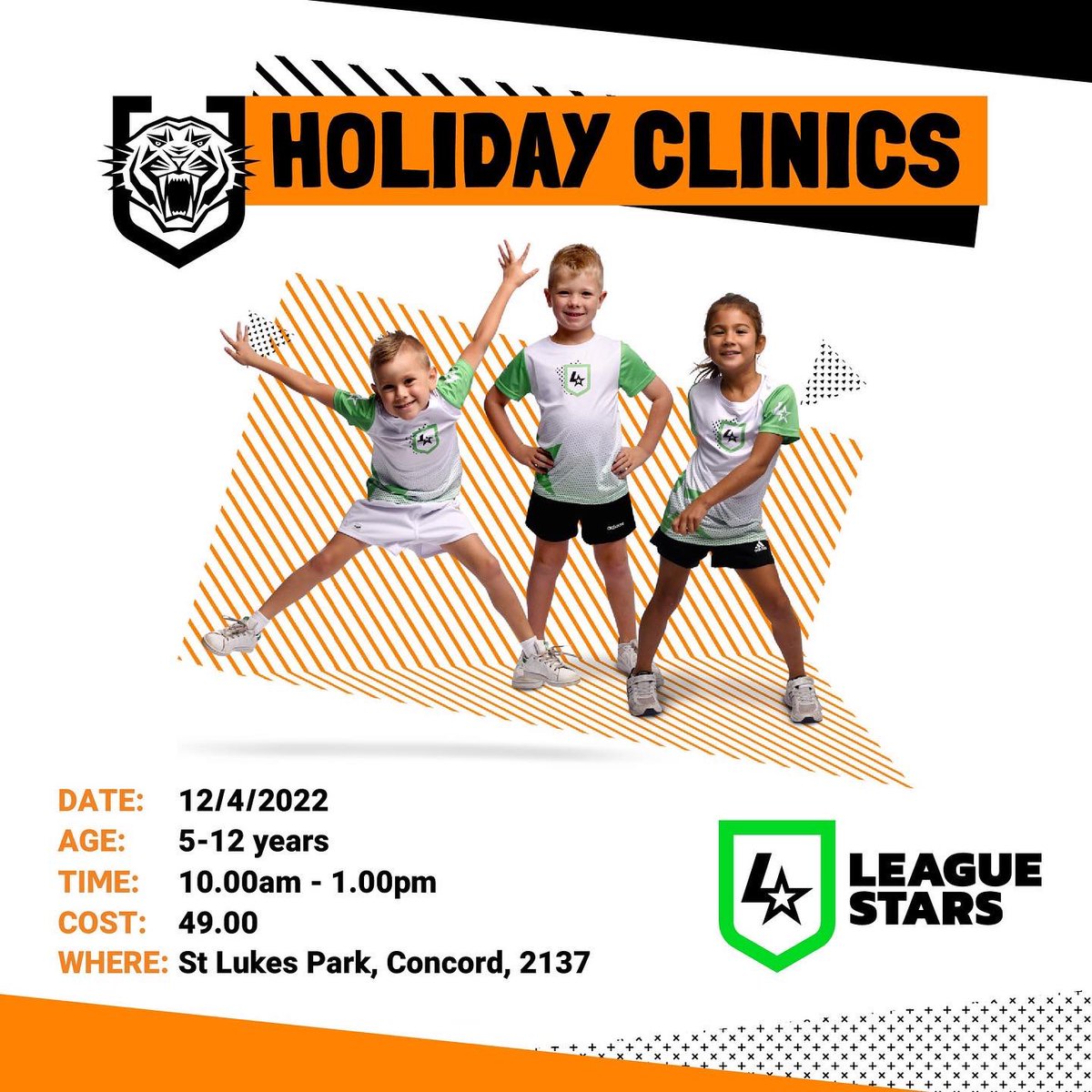 Register today for our upcoming Wests Tigers NRL League Stars  holiday clinics in Concord &amp; Campbelltown! 
⭐️ 🏉 
Register here: playrugbyleague.com/league-stars/