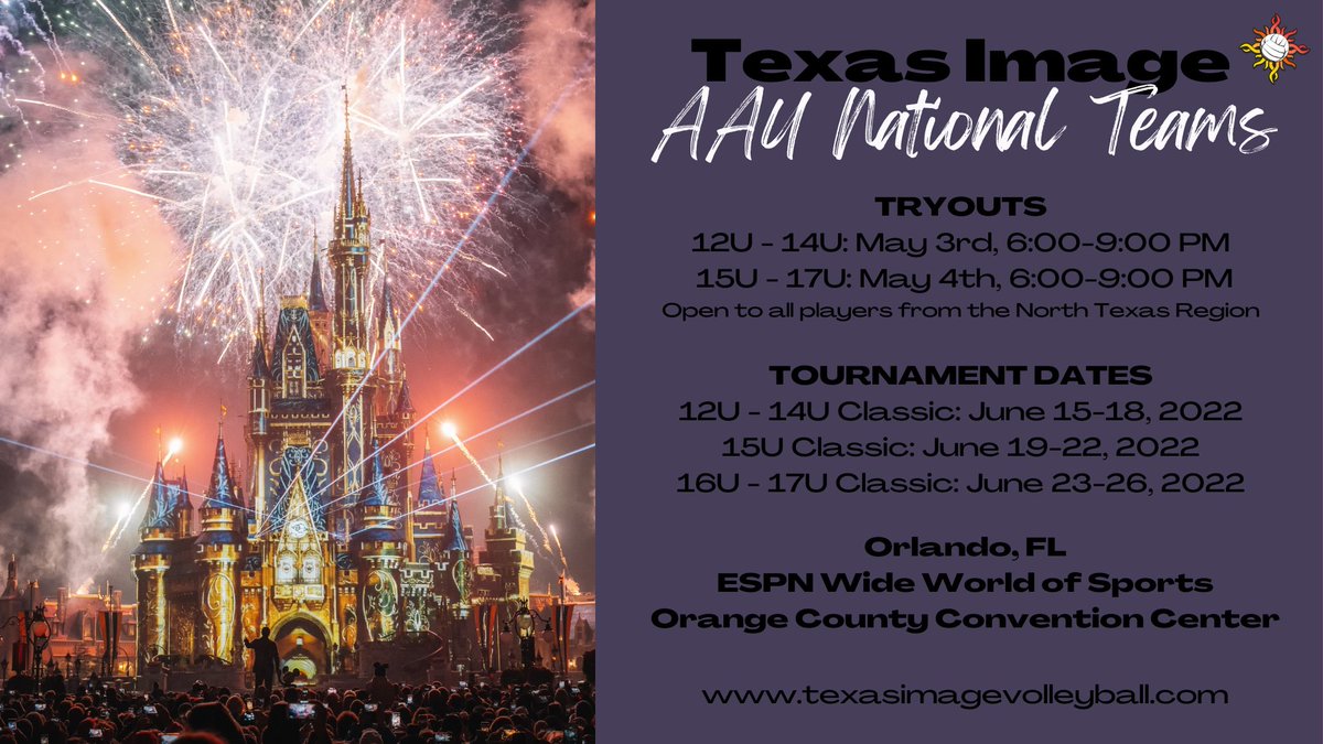 tximg's tweet photo. AAU National Team tryouts are almost here!
TRYOUTS
12U - 14U: May 3rd, 6:00-9:00 PM
15U - 17U: May 4th, 6:00-9:00 PM
**Open to ALL players from the NT Region!
For more info, go to https://t.co/mYv2bfFdRU
#AAUNationals #GoImage #ImageSTRONG #TexasImageVolleyball #DFWToDisney https://t.co/fqwjncIlqC