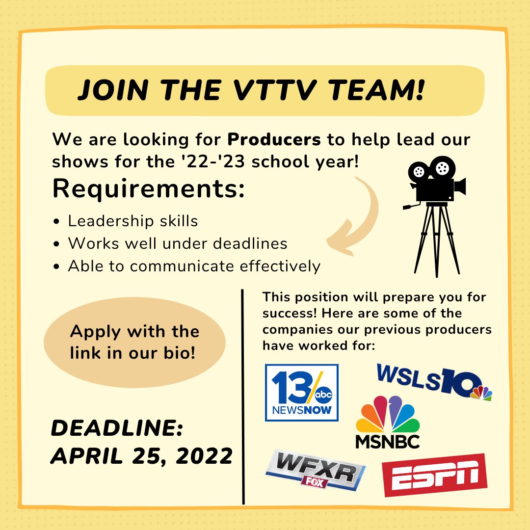 VTTV33's tweet photo. 🎥 Apply to be a PRODUCER for VTTV! https://t.co/XYr1fd6abT