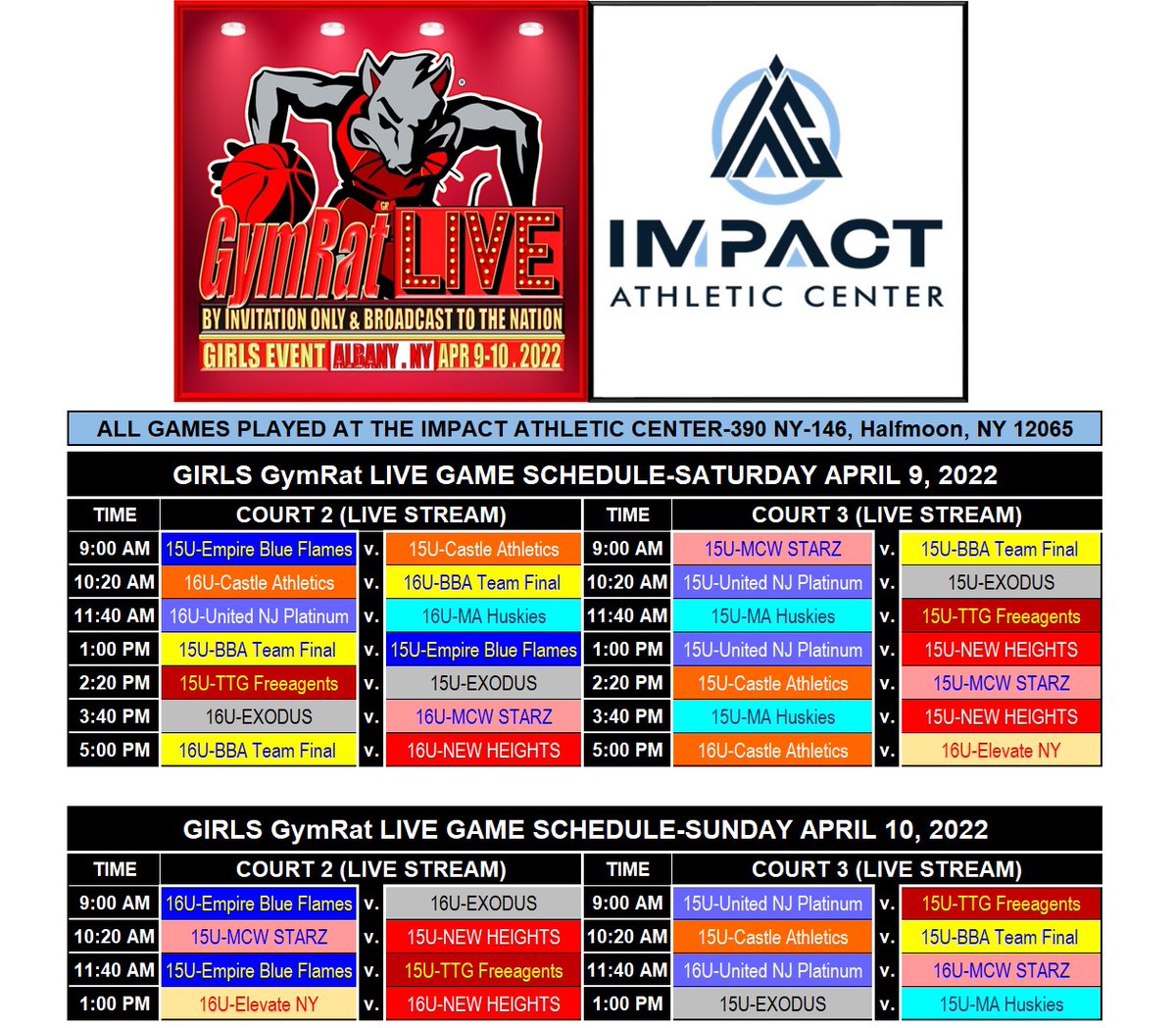 GAME SCHEDULES for this weekend's GIRL'S GymRat LIVE event have been posted to gymratchallenge.com/girls-gymrat-l… . GymRat LIVE is an event like no other on the PLANET that has set a new standard in grassroots basketball. GymRat LIVE is the GREATEST SHOW IN GRASSROOTS BASKETBALL!