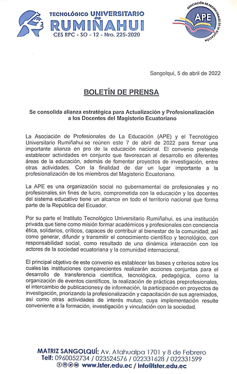📣Alianza estratégica entre <a href="/asociacion_ape/">Asociación de Profesionales de la Educación (APE)</a> y @Inst_Ruminahui para beneficio de los docentes del Ecuador. <a href="/Educacion_Ec/">Ministerio de Educación, Deporte y Cultura</a> <a href="/dannyveloz1980/">Christian</a>  #conlaapeelmagisteriorecuperasuvoz #Educación