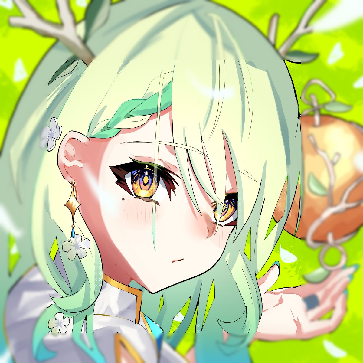 ceres fauna 1girl apple green hair solo food braid braided bangs  illustration images