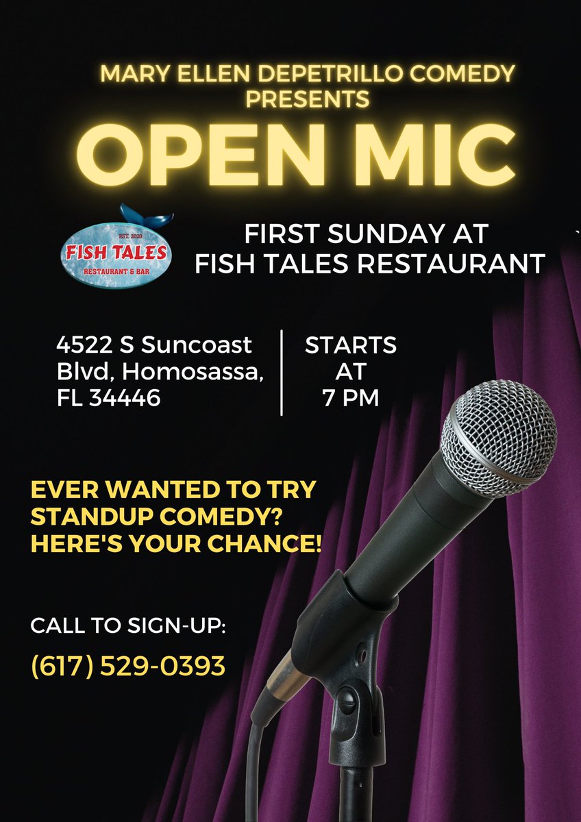 🎤 Calling all Standup Comics or those who dream of being in Standup! Open Mics every First Sunday at Fish Tales Restaurant in Homosassa! ⭐️ #openmicinhomosassa #homosassa #comedyinhomosassa #crystalriverflorida #homosassaflorida  #maryellendepetrillocomedy #fishtalesofhomosassa