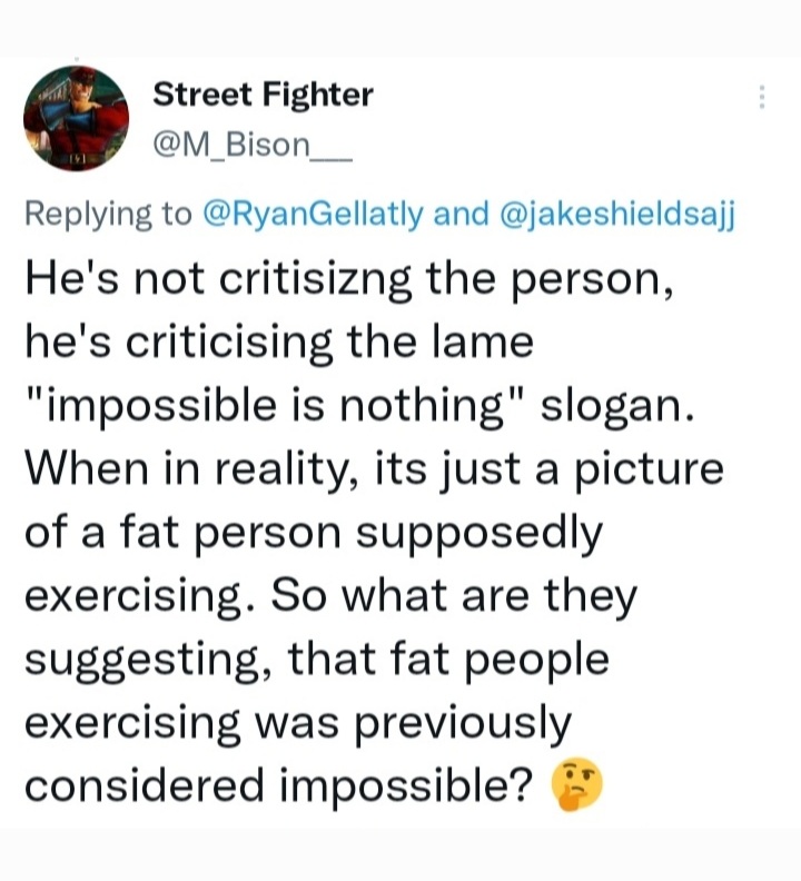 M_Bison___'s tweet photo. @RyanGellatly @morgmannn @jordanhickey91 @jakeshieldsajj Wrong. I am not mad. My emotions are flat lined. 

You said that Jake was critisizing fat people. 

I merely responded that he wasn't dissing fat people, he was dissing the slogan. 

I stand by that tweet 100%. Here it is again for your perusal. 👍 https://t.co/zIWIco5Ii2