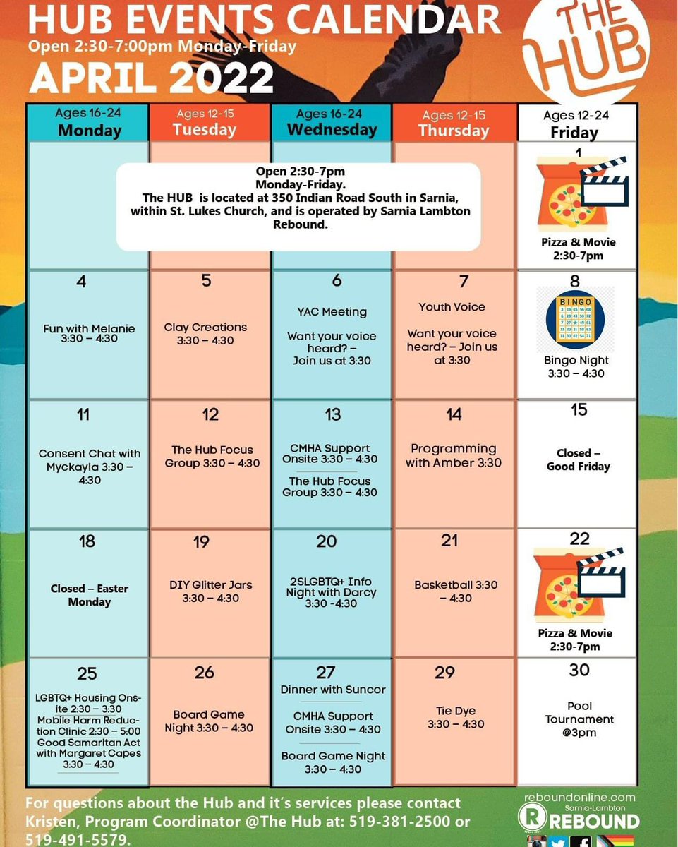 Check out our April calendar!

If you are between the ages of 12-24 and need services and supports that aren't listed here on our drop in schedule, let us know! We can help connect you. We're here to help!  #sarnia #youth #dropin #community