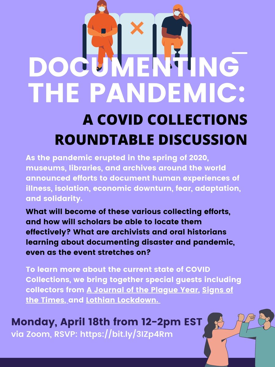 covidcollects's tweet photo. Please join us on Monday 4/18 for a roundtable discussion with colletors from A Journal of the Plague Year (@covid19archive1), @USouthernMaine 's Signs of the Times, and Lothian Lockdown: The Lothian Diary Project (@LothianLockdown). Register here: https://t.co/uOjjImaOnv https://t.co/dLAPDxWSip