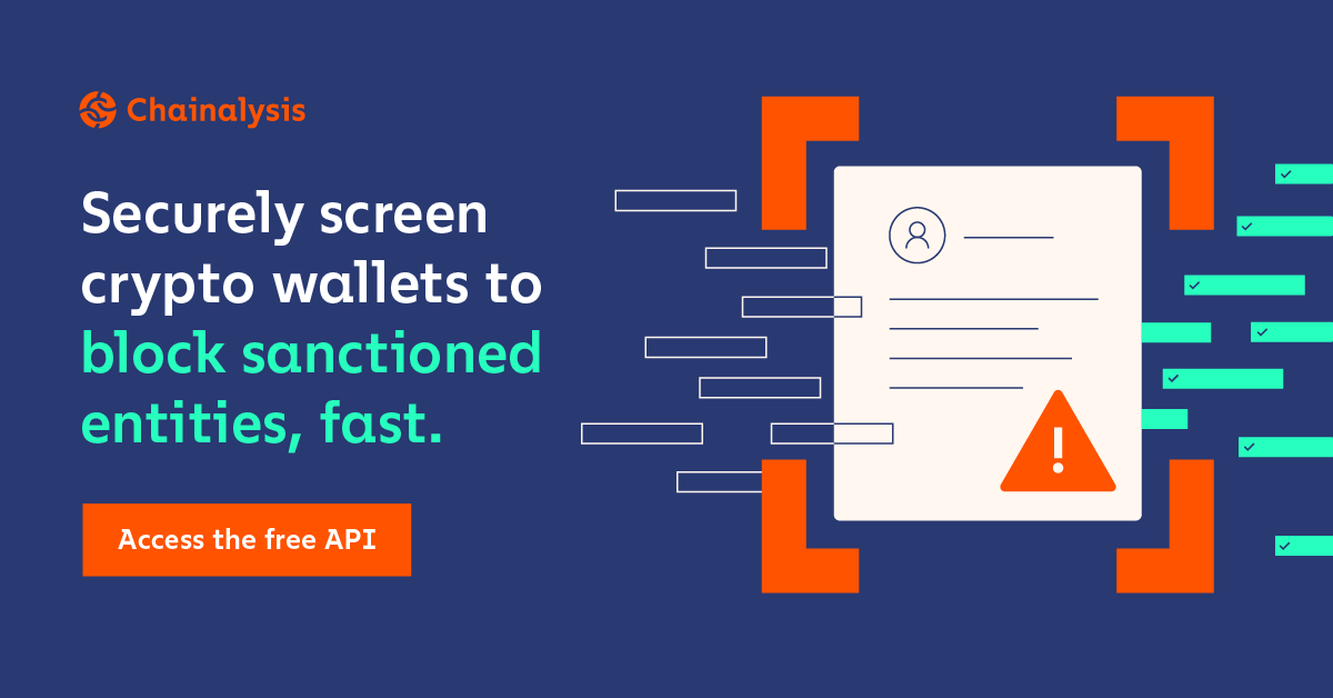 chainalysis's tweet photo. Our free sanctions screening API is now available! 

We’re making it easier for decentralized web3 groups like DEXs, DeFi platforms, DAOs, and DApp developers to conduct basic sanctions screening at no cost. Check it out 👉  https://t.co/8ep4iTGS5v https://t.co/wmcs8eJw70