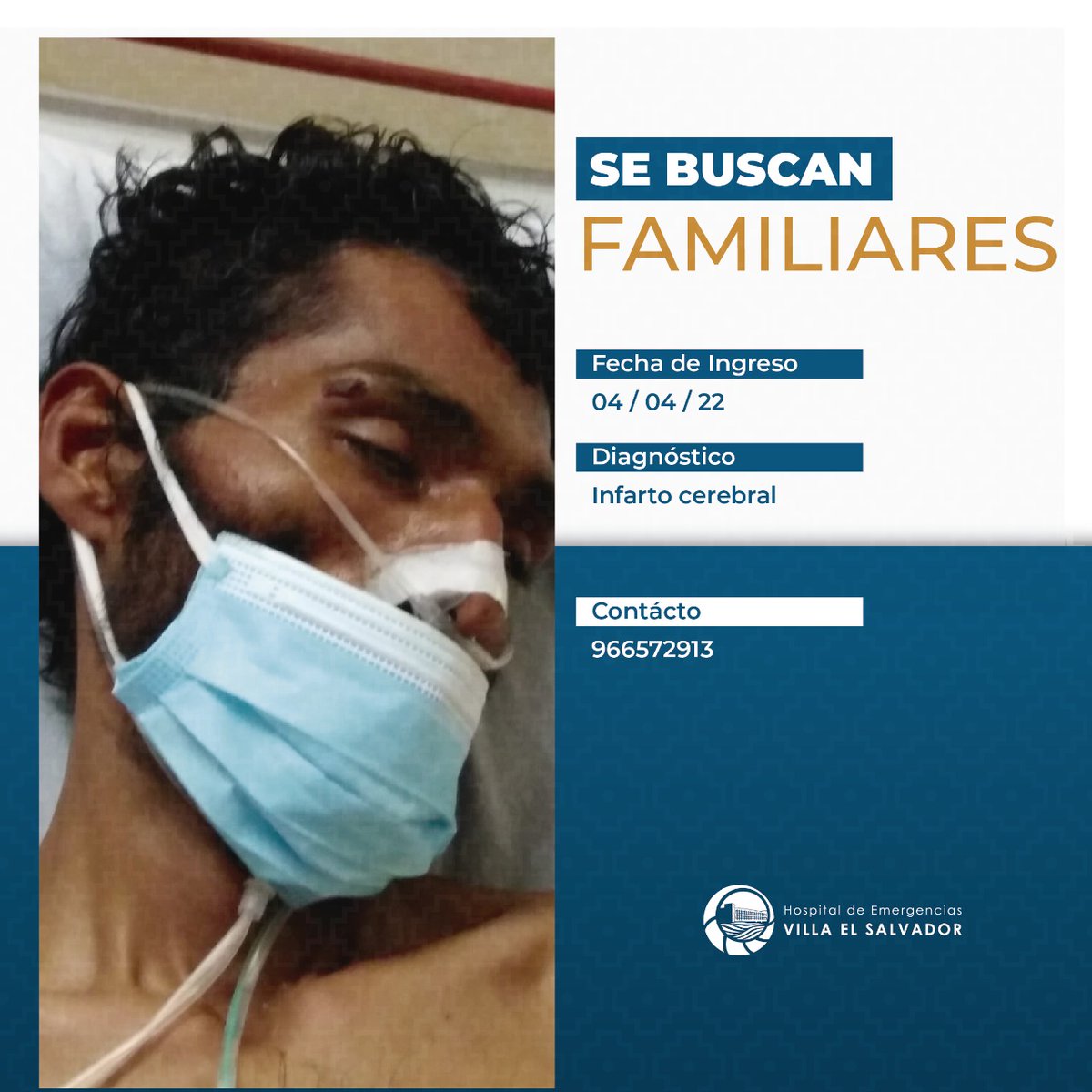 Amigos del Twitter, les pedimos su apoyo con un retweet que nos ayude a encontrar a algún familiar de este paciente. No es posible identificarlo mediante huella biométrica. ¡Es urgente!