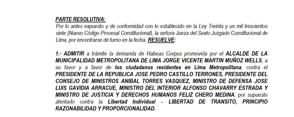 #LoÚltimo Sexto Juzgado Constitucional de la <a href="/CSJdeLima/">Corte Superior de Justicia de Lima</a> admitió a trámite la demanda de Habeas Corpus presentada por el alcalde de la <a href="/MuniLima/">Municipalidad de Lima</a> Jorge Muñoz Wells contra Pedro Castillo Terrones y otros por disponer la inmovilización social obligatoria.

👉bit.ly/3r78n01