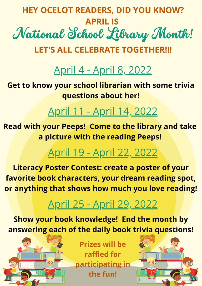 LibaryLadyAvery's tweet photo. #NationalSchoolLibraryMonth is the best month, in this librarianโs opinion!๐ Hey @OES_Ocelots , letโs all celebrate it together!! ๐ค๐๐๐ @LFCISDLibraries #LosFresnosLiteracyMatters @esc1library #OcelotsRead https://t.co/zOrqTG1A57