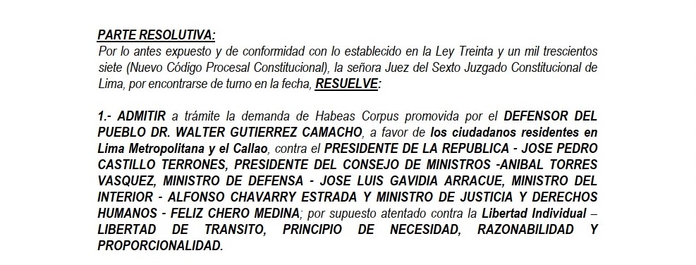 #LoÚltimo Sexto Juzgado Constitucional de la <a href="/CSJdeLima/">Corte Superior de Justicia de Lima</a> admitió a trámite la demanda de Habeas Corpus presentando por Walter Gutierrez Camacho <a href="/Defensoria_Peru/">Defensoría del Pueblo</a> contra Pedro Castillo Terrones y otros por disponer la inmovilización social obligatoria.

👉bit.ly/3r5MXAy
