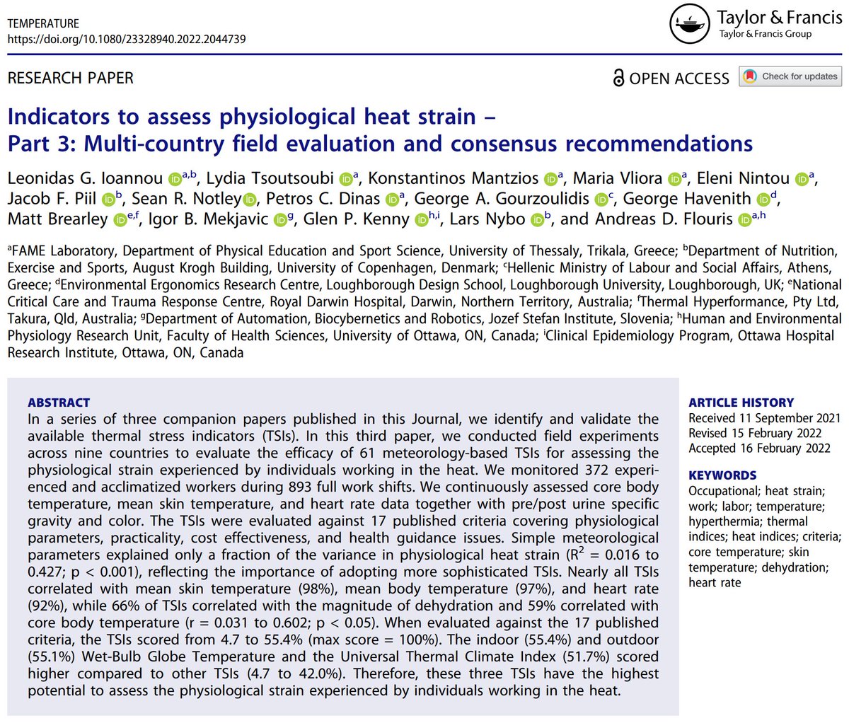 📢 Do not miss the latest paper in <a href="/tandfonline/">Taylor & Francis Research Insights</a> 

❓ Efficacy of 61 meteorology-based thermal stress indicators was assessed by monitoring 372 workers during 893 full work shifts across multiple industries in nine countries.

📄 Full text available at: bit.ly/37m0NYj