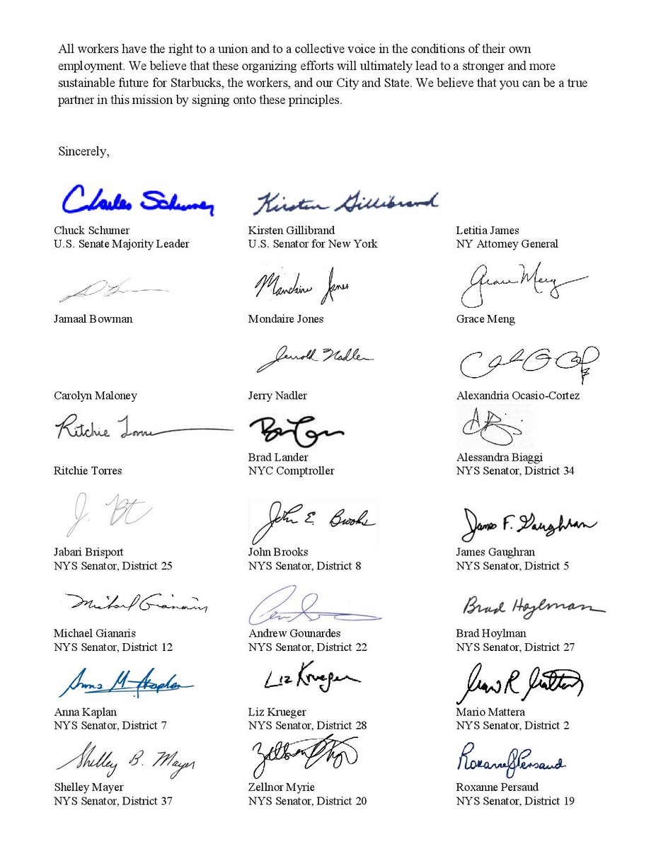 senatorERM's tweet photo. I join with nearly 100 NY electeds in urging @HowardSchultz to stop union busting and sign the Fair Elections Principles.

Enough is enough - @SBWorkersUnited has a right to organize, and Starbucks must respect that right!
@WorkersUnitedNY https://t.co/ek1ByomIdj