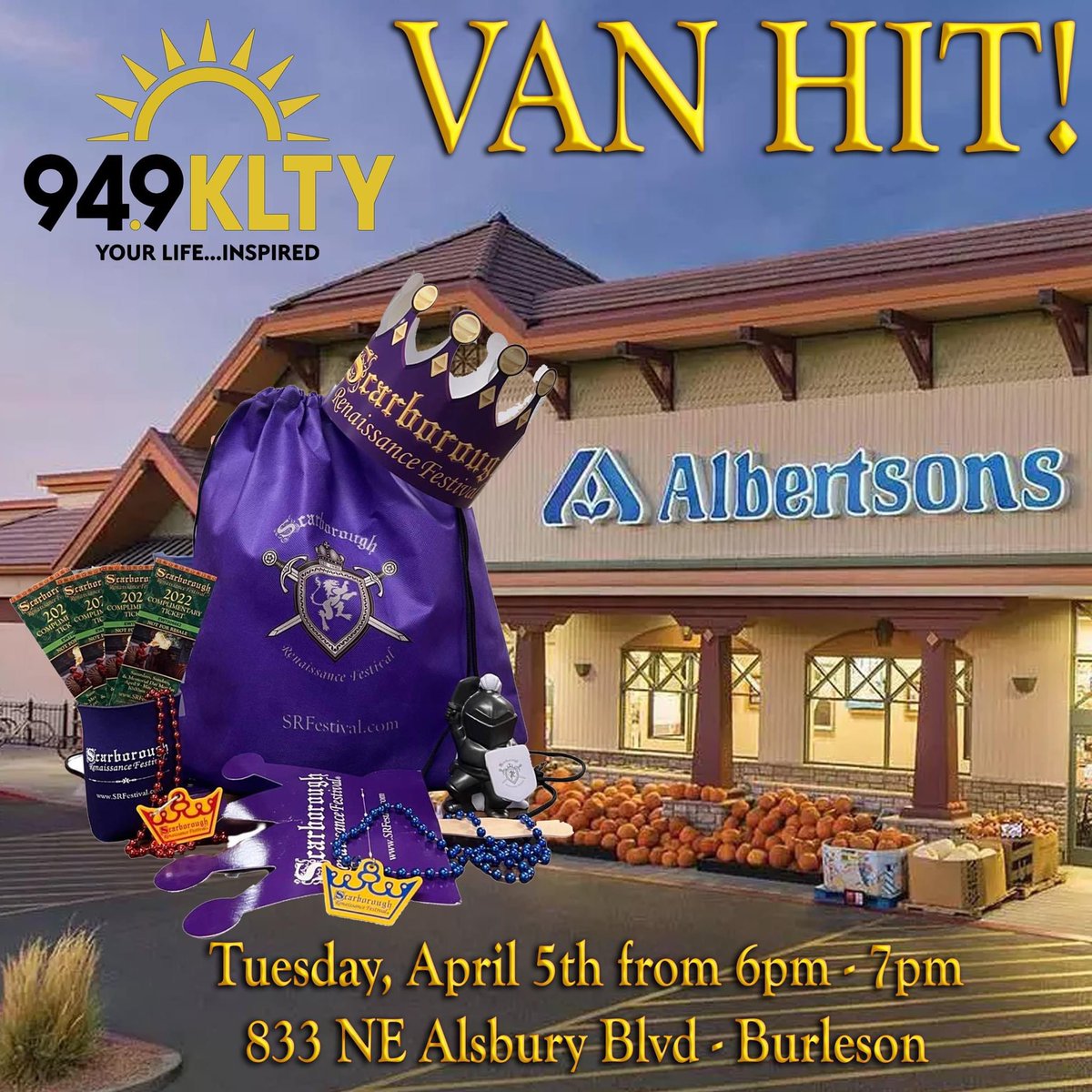srfestival's tweet photo. If you want to win tickets in person tonight, then stop by our first #VANHIT of the 2022 season!!

We're at @Albertsons from 6pm to 7pm with our friends @949KLTY giving away tickets!

Make sure you come and say hi!!

#SRFestival #YourLifeInspired #TicketGiveaway  #ExploreTX #dfw https://t.co/XDSbZXltgZ