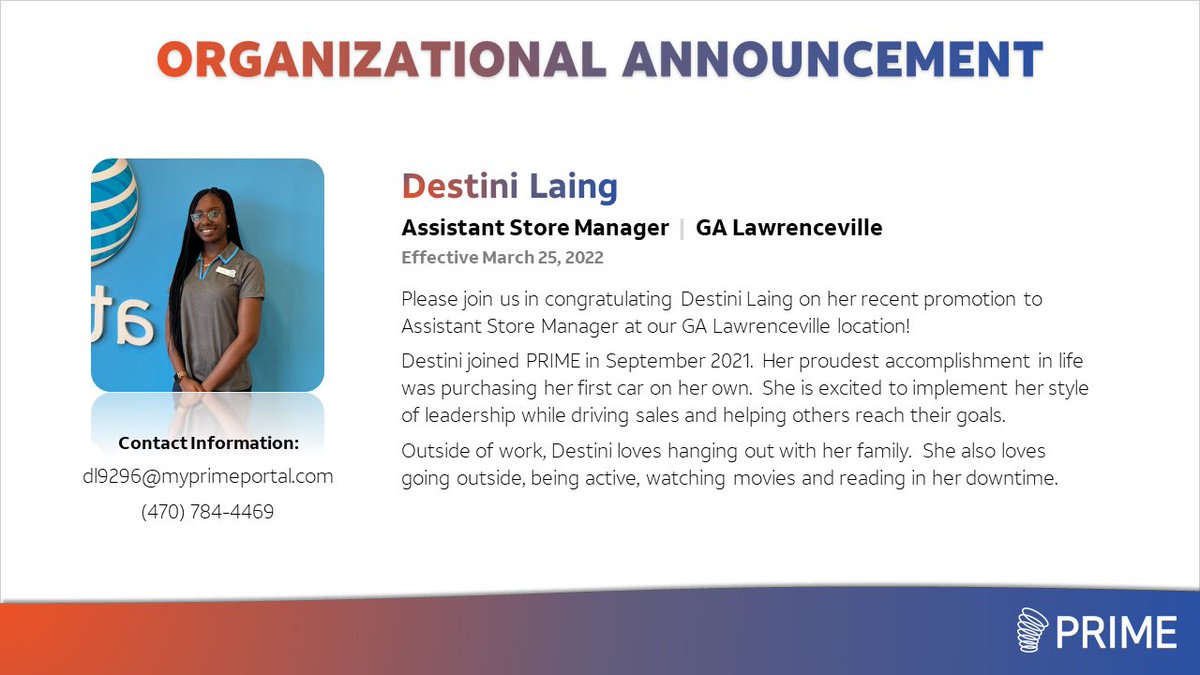 ANOTHER ONE! Shoutout to Destini and her new ASM role in Lawrenceville! Already gameplanning with Josh about how to dominate even more so than they’re already doing! <a href="/HowardWeems/">Howard Weems</a> <a href="/geoffpadilla/">Geoff Padilla</a> <a href="/AkbarPRIME1/">Akbar M</a> <a href="/PrimeComms/">Prime</a>
