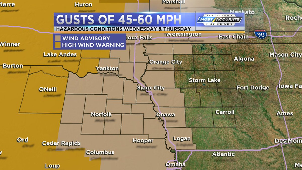 A powerful breeze will be with us through the next few days! Wind Advisories & High Wind Warnings have been issued from the National Weather Service. Gusts will hit between 45 and 60 MPH out of the NW as a slow moving area of low pressure spirals through Minnesota into Wisconsin. https://t.co/kFE3KLpfuH