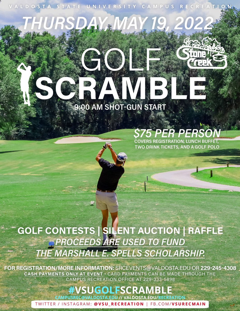 Our Annual Golf Scramble is coming up! A raffle, silent auction, and golf contest will take place May 19th at Stone Creek Golf Club! Sign your team up today by contacting srcevents@valdosta.edu or by calling 229-245-4308⛳️🏌️‍♂️#vsugolfscramble