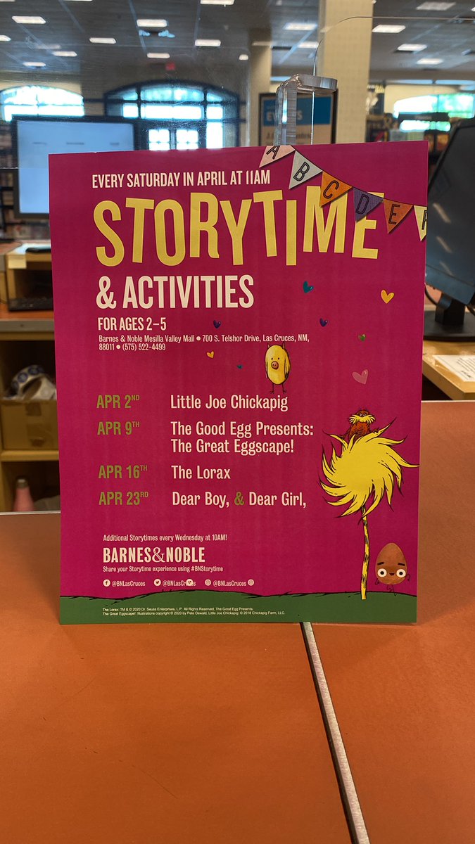 BNLasCruces's tweet photo. Storytime’s back every Wednesday at 10 am and Saturday at 11! Join us for some storybook magic! #bnbuzz #storytime https://t.co/VjlfsnSDWK