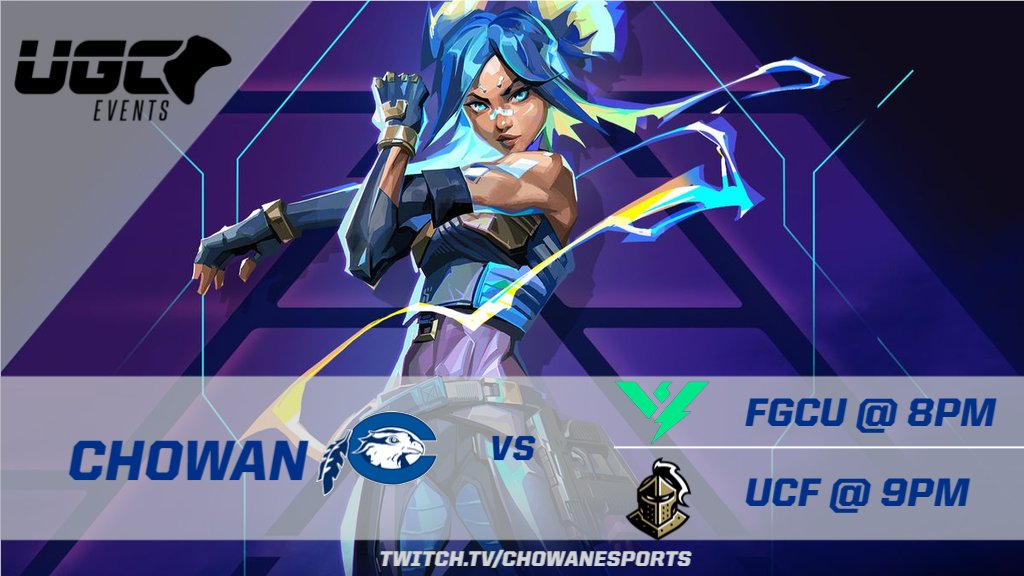 We are live tonight with 2 games of Valorant to finish off our season in UGC! 

First match is at 8pm against FGCU with UCF following that match at 9pm EST!

twitch.tv/chowanesports