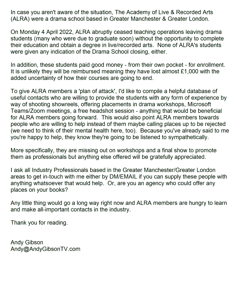 UKActorNetwork's tweet photo. ALRA CLOSURE - PLEASE RT

Too much to say in one tweet but there's a group of #DramaStudents in #Manchester &amp; #London who need help from industry professionals.

Please see attachment for full details.

If you can offer anything, get in touch.

#ALRA #ALRANorth #ALRASouth https://t.co/N6Z4k1ePAZ