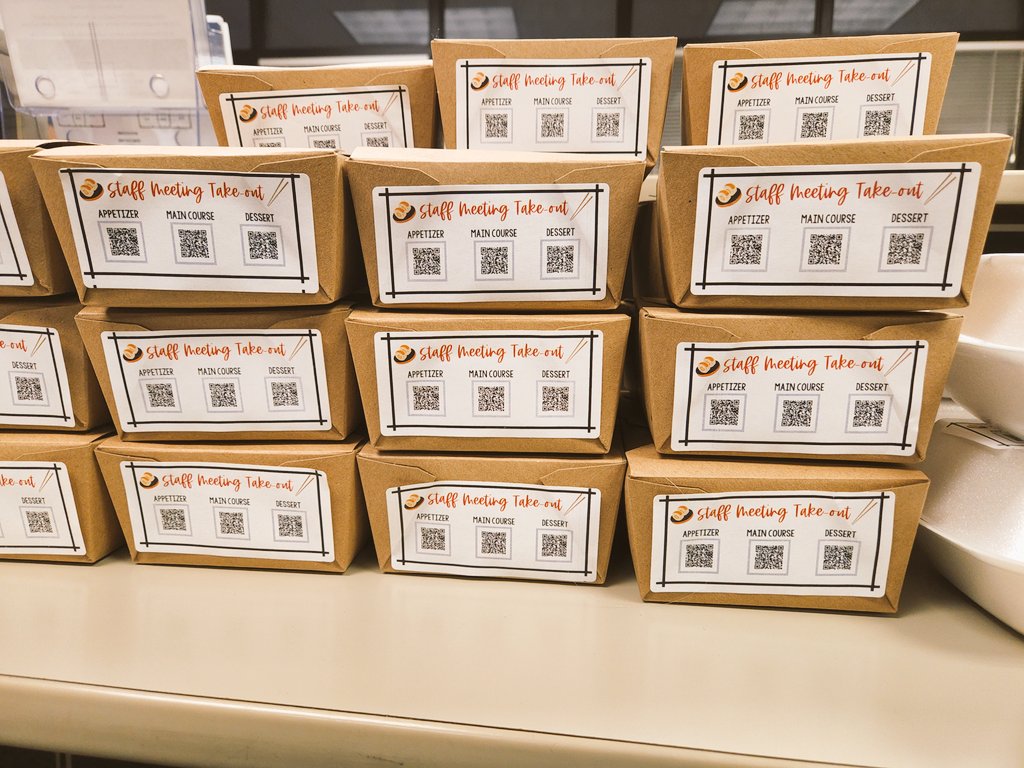 Teachers NEED time, so we did our April staff meeting "take-out" style in order to give the gift of time!

Staff picked up their "take-out" boxes and can engage with this month's staff meeting content by scanning the QR codes! They also got a little treat inside their box 😉