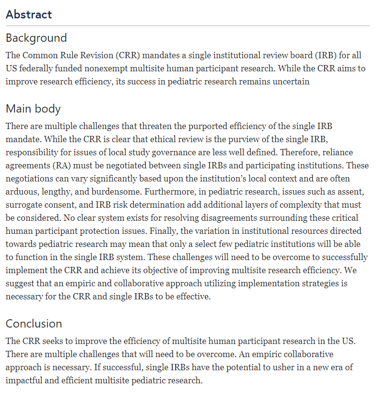 #JustOut by first author and #resident <a href="/AndrewHuMBChB/">Andrew Hu</a> with Jane Holl, MD and <a href="/mehulvraval/">Mehul V Raval</a>: Pediatric specific challenges of the single institutional review board mandate rdcu.be/cKJ9r