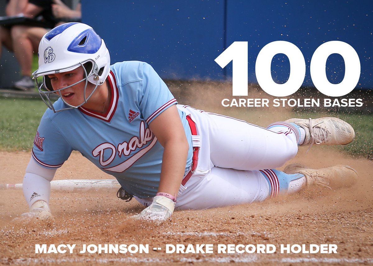 DrakeSoftball's tweet photo. With her stolen base in game two against Illinois State, @macy_johnson4 hits 100 𝘾𝙖𝙧𝙚𝙚𝙧 𝙎𝙩𝙤𝙡𝙚𝙣 𝘽𝙖𝙨𝙚𝙨 to remain in the top spot in Drake Record Books! https://t.co/sTSly5kisS