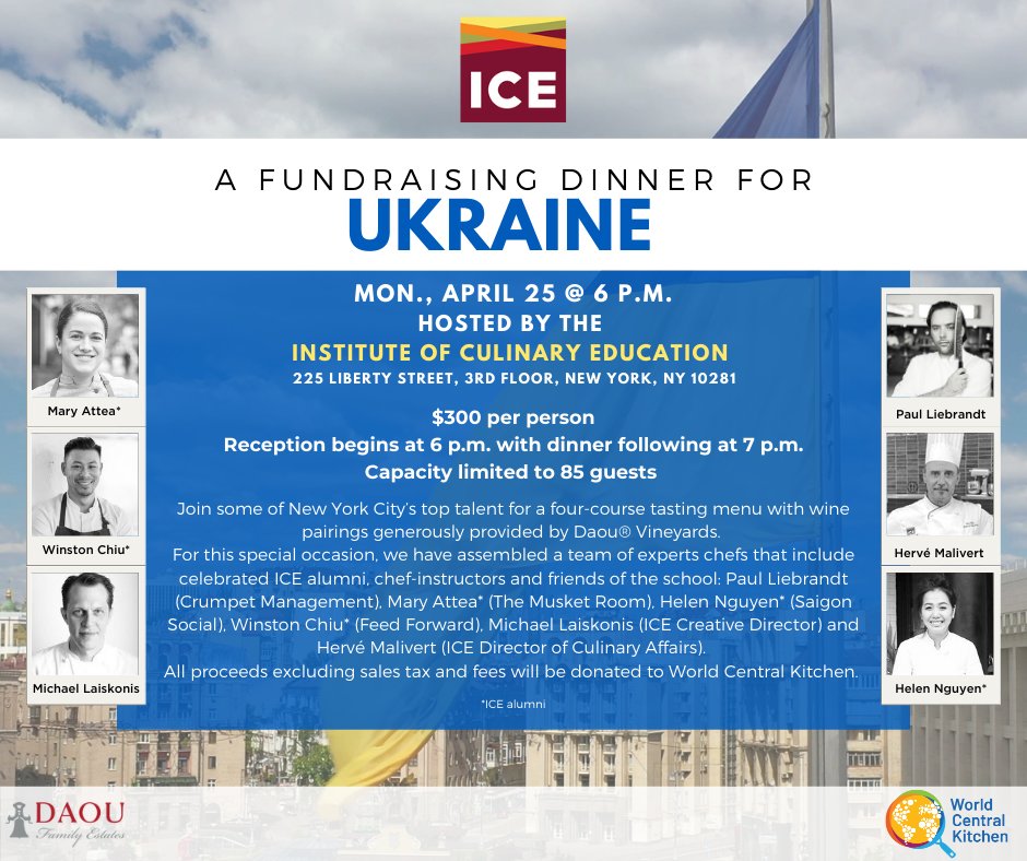 iceculinary's tweet photo. Join some of New York City’s top talent for a four-course tasting menu with wine pairings by a team of experts chefs that include celebrated ICE alumni, chef-instructors and friends of the school.

👉 To register: https://t.co/ZZqP5TvbF4

#UkraineFundraiser #event https://t.co/1qkUTJ7gUJ