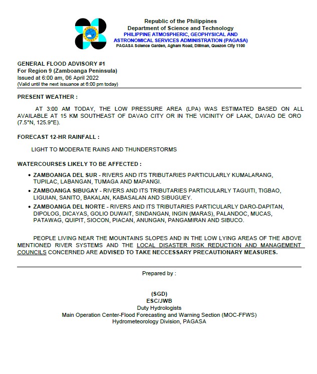 dost_pagasa's tweet photo. General Flood Advisories (GFAs)
Issued @ 6AM, 06 April 2022
Region 8 (Eastern Visayas) - #GFA3
Region 9 (Northern Mindanao) - #GFA1
Region 10 (Northern Mindanao) - #GFA2
Region 11 (Davao Region) - #GFA3 https://t.co/0saO0fab9c
